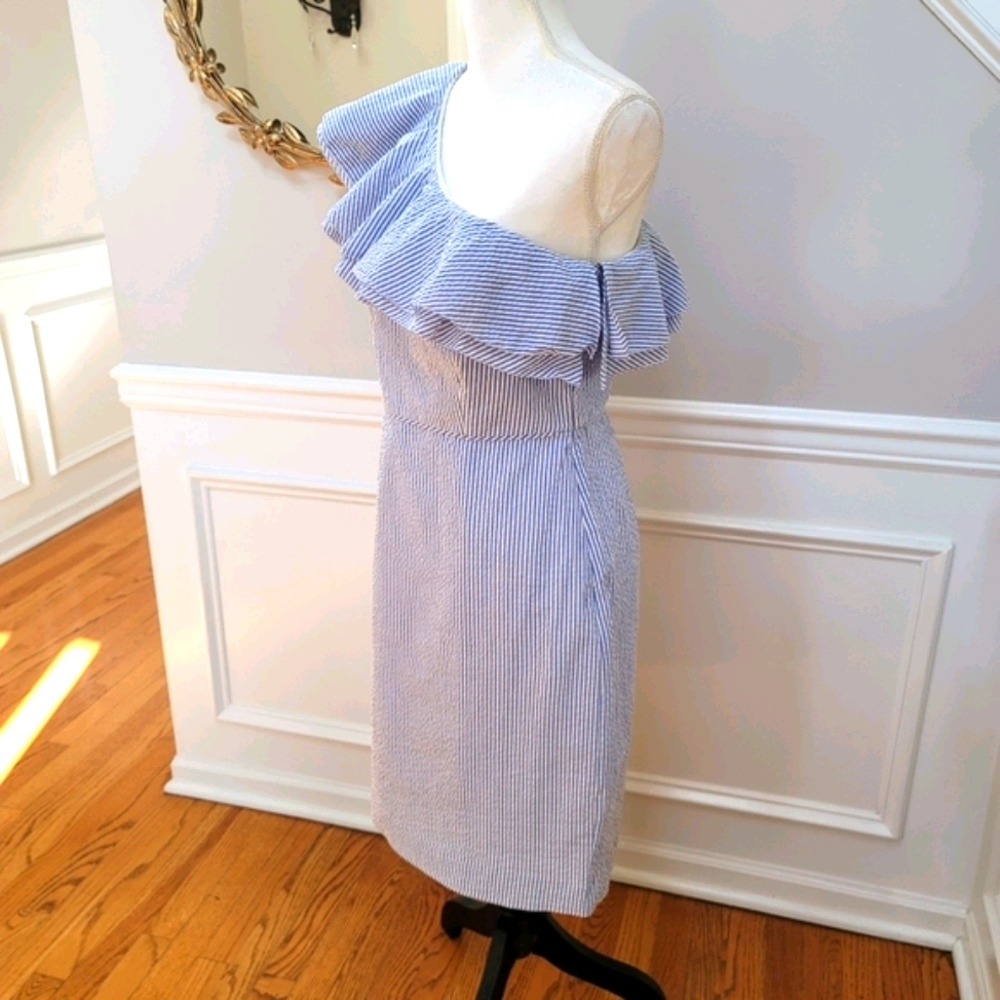 🆕️ J. Crew One Shoulder Ruffle Dress Seersucker 8 - Picture 5 of 9
